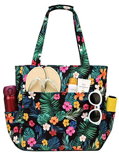 Kasgo Sac de Plage Femme, Poches Multiples Grand Sac Cabas Zippé Femme d'Été Pliable 17,5L Résistant à l'Eau Sac de Piscine Tote Bag pour Voyage Vacances Achats Fleurs