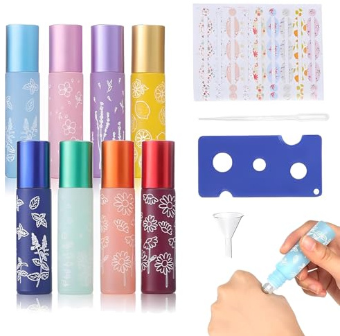 Norhogo 8 Stück 10 ml ätherische Öl-Rollerflaschen mit Umfüllwerkzeug | Tragbare nachfüllbare für Ätherische Öle, Parfums, Lotionen, Massage, Aroma öl, mit einem Aufkleber, Trichter Strohhalme