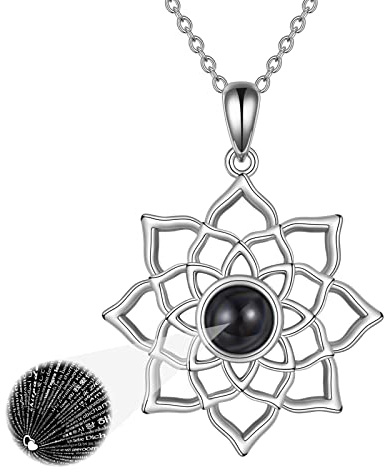 JERWLI Lotus Halskette für Damen 925er Sterlingsilber Lotusblüten Halskette mit 100 Sprachsteinen Spiritueller Schmuck Yoga Geschenke für Mutter und Mädchen