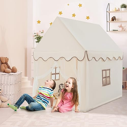 COSTWAY Tenda da Gioco per Bambini, Casetta per Bambini con Struttura in Solido Legno, Tappetino di Cotone, Tenda a Rete e Finestre, 105x120x140 cm (Beige)