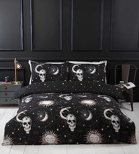 Rapport Home Dark Dreams Tarot Duvet Cover Set King - Reversible Gothic Skull Bedding with Pillowcases - Soft Polyester Black Mystical Print for Adults