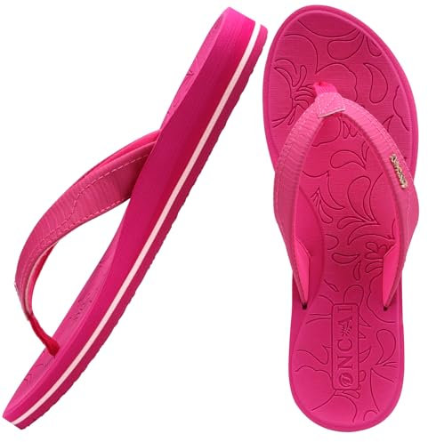 ONCAI Damen Zehentrenner Sommer Sport Flip Flops Schwimmbad Strand Plattform Sandalen Badelatschen Gummifußbett Kräftiges Pink Größe 38