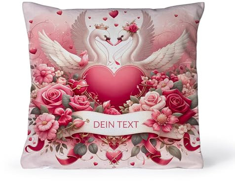 PICANOVA Kissen mit Text – Geschenk zum Valentinstag – Individuell mit Ihrem Text – Doppelseitig bedrucktes Kissen in 30x30 cm mit Reißverschluss & Füllung – Personalisiertes Geschenk – Heart 2 Swans