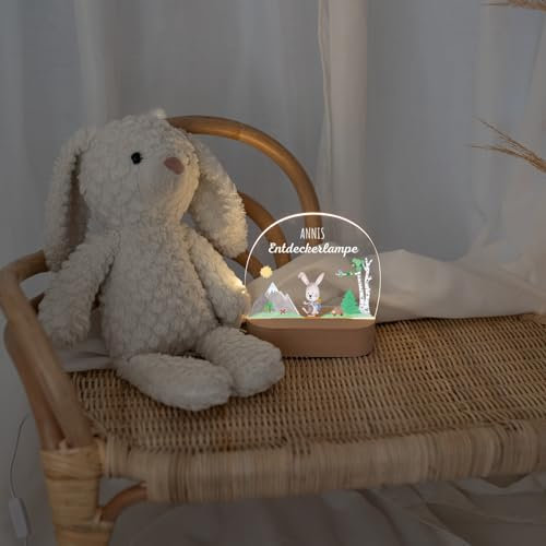 wunderwunsch® - Personalisiertes Nachtlicht für Babys - Individuelle Nachttischlampe für Kinder - Personalisierte Geschenke Kinder - Babygeschenk - Geschenk zur Geburt (Hase Entdeckerlampe)