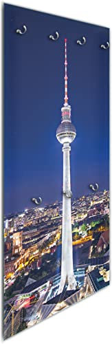 Wallario Wandgarderobe aus Glas in Größe 50 x 125 cm in Premium-Qualität, Motiv: Fernsehturm Berlin bei Nacht | 7 Kleiderhaken zum Aufhängen von Jacken