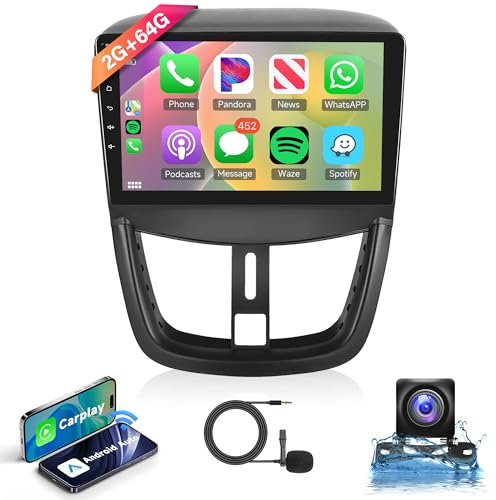 2G+64G Android Autoradio 2 Din per Peugeot 207 2006-2015 con Wireless Carplay Android Auto GPS Navi WiFi 9 Pollici Autoradio con Mirror Link Bluetooth FM/RDS/DAB/DVR/OBD Telecamera Posteriore