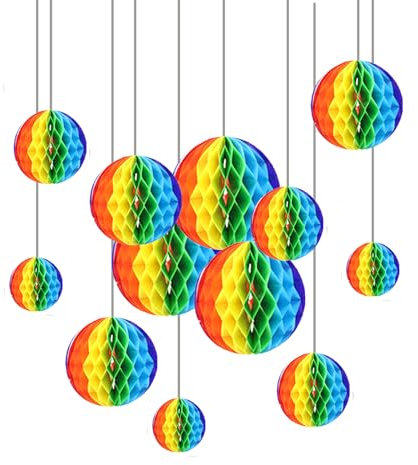 ZYOOO 12pcs Paper Honeycomb Balls,Rainbow 15/20/25/30cm Tissue Paper Hanging Balls for Birthday,Wedding,Holidays,Carnival Party Decorations