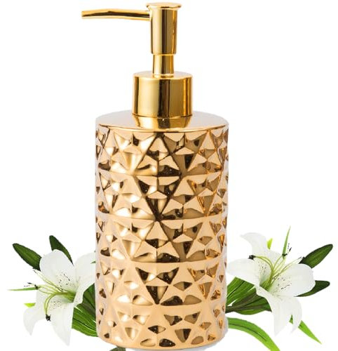 Goldfarbener Seifenspender für die Arbeitsplatte, luxuriöser 340 ml, nachfüllbarer Seifenspender für Badezimmer, gebürstete goldene Keramik, Handlotionspender, Seifenspender für Küche,