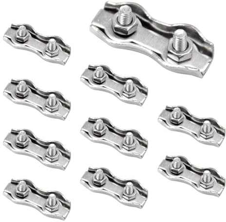 CEEYSEE 10 clip resistenti per funi metalliche, M3 304, in acciaio inox, doppio morsetto, dadi per funi metalliche, morsetti per cavi duplex, per il fissaggio di rack di asciugatura e corde di