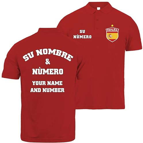 lepni.me Herren Spanien Fußball-Poloshirt mit Namen und Nummer | Spanische Flagge Abzeichen, Personalisiertes Trikot | Europameisterschaft 2024 (3XL Rot Mehrfarben)