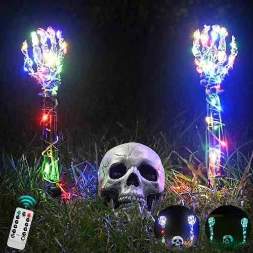 Maxee Halloween Leuchtende Skelett Totenkopf Set, 1 Totenkopf & 2 Schädel Hände mit 5m Lichterkette & Fernbedienung (8 Modi & Timer), 2 Grüne Lichterketten (3 Modi), Halloween Deko für Draußen Garten