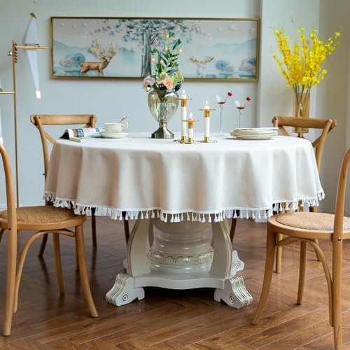 GOEXCPL Runde Tischdecke aus Baumwolle und Leinen mit Fransen, Beige Durchmesser 120 cm, Geeignet für runde Tische von 60-80 cm Durchmesser