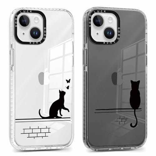 ZhuoFan 2 Stück Handyhülle Durchsichtige für iPhone 13 / iPhone 14 6,1 Hülle, Weich Silikon Schutzhülle Aesthetic Muster Design Ultra Dünn PC Case Stoßfest Kratzfest Bumper Cover, Katze 1