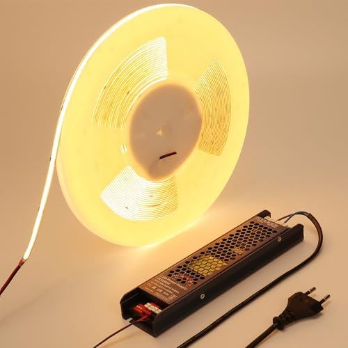 BENLUN 48V Ruban LED COB 20M, 3000K Blanc Chaud 160W 480LEDs/M CRI 92, Bande LED Flexible Autocollante Découpable, Alimentation Incluses, pour Chambre, Bureau, Cuisine, Salon