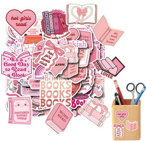 60PCS Bookish Stickers - Waterproof, Self-Adhesive Pink Stickers for Kindle, Laptop, Phone, Water Bottle, Skateboard, Book, Journaling - Various Patterns for Girls & Teens