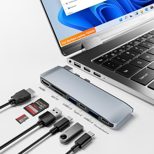 Surface Laptop 7 Docking Station,Surface Laptop 7-Adapter mit 4K HDMI,Thunderbolt 4(8K-Video+40G Daten+100W Leistung),Typ C,2 x USB 3.0, SD TF-Kartenleser,Dreifach-Display für Surface Laptop 7 (2024)