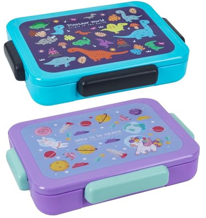 2 Easy Bento Lunchbox für Kinder, 1200ml Lunchbox mit 6 Fächern,Bento Box auslaufsicher,Mädchen und Jungen | Vesperbox | Snackbox (Dinosaurier und Planet）