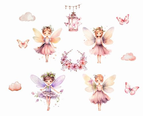 Wandtattoo Wandsticker Blume Fee Feen Blumen Schmetterling Elfen Rosa Wandtattoo Buntes Pflanze Selbstklebend Wandaufkleber Abnehmbar Wandkunst Aufkleber für Mädchen Kinder Kinderzimmer Schlafzimmer