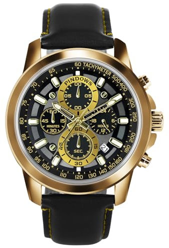 PINDOWS Armbanduhren für Herren, analoge Chronograph-Quarzuhren für Herren, wasserdicht, Business- und Freizeitkleidung mit schwarz-braunem Lederband