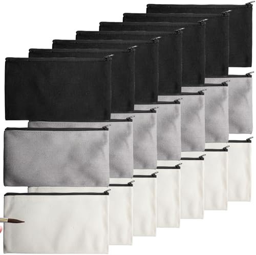 21 Stück DIY Blanko Stoffbeutel, 12 x 21cm Stoffbeutel zum Bemalen, Baumwoll-Leinwand mit Reißverschlus, Stoff Federmäppchen Tasche für DIY-Heimarbeit Dokumententasche Reisen(Schwarz+Grau+Weiß)