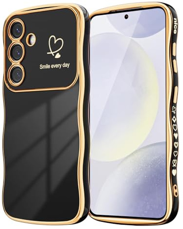 Riccase for Samsung Galaxy A36 5G Case Lens Protection for Women Girls Shockproof Cute Wave Frame Curly Shape Plated Love Heart Phone Case for Samsung A36 5G, Black