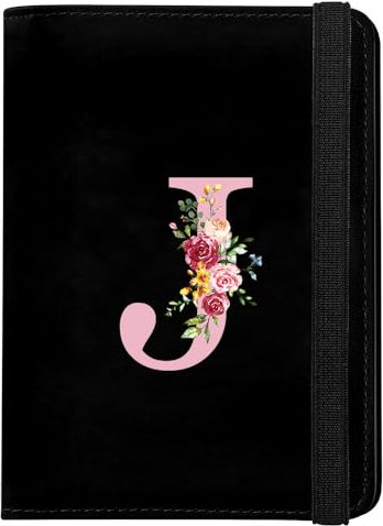 Porta Passaporto con Iniziale, Custodia Passaporto in Pelle PU, Copertina per Passaporto con Blocco RFID Porta Adatto per Carte d'Identità Carte di Credito, Biglietti Aerei, Passaporto Pass(Nero,J)