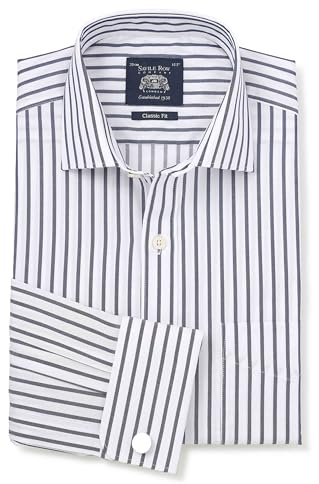 THE SAVILE ROW COMPANY LONDON Men's Classic Fit Cotton Poplin Double Cuff Formal Shirt - Navy Striped - 18.5 Collar - Standard