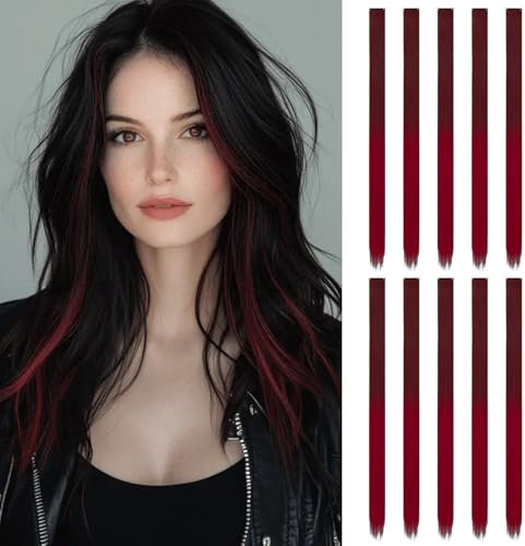 10 Stück Haarsträhnen zum Einklipsen | 55 cm Farbige Clip in Extensions | Langes glattes Bunte Haarsträhnen Kinder | Haarschmuck Mädchen (Schwarz-Rot-Weinrot-Farbverlauf)