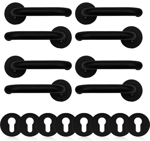 Bwintech 4 Set Edelstahl Matt schwarz Türgriff Drückergarnitur,Türbeschlag für Zimmertüren,C-Form，mit Lock Zylinderlochrosette