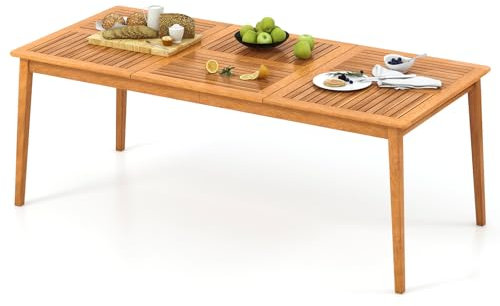 GOPLUS Mesa de Comedor de Acacia para 8 Personas para Exteriores, Mesa Rectangular de Patio de 200 x 90 CM con Agujero para Sombrilla Incorporado, Mesa Larga para Porche, Jardín, Patio, Natural