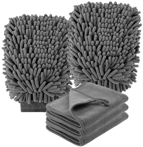 vsshe Kit di pulizia auto con 3 Pcs 600 GSM Panno Asciugatura di Pulizia in Microfibra Superfine e 2 Pcs Guanto Lavaggio, Panno Asciugatura Pulizia Auto, Super Assorbenti, per Cura Auto Moto