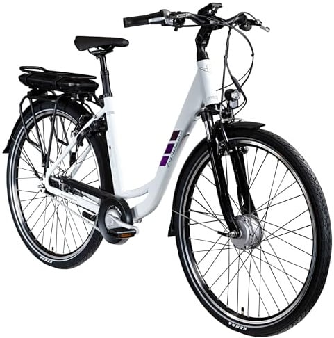 ZÜNDAPP Z502 E Bike Damen 28 Zoll Pedelec 155-180 cm Elektrofahrrad 7 Gang Damenfahrrad 522 Wh E Fahrrad (weiß/lila, 50 cm)