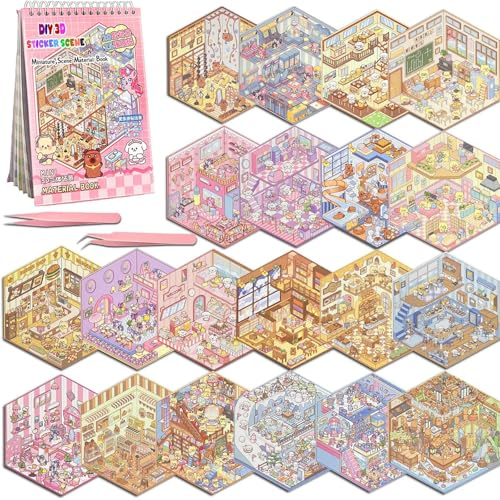 DIY 3D Hausaufkleber Set mit 20 Szenen – Miniatur Haus Sticker 3D mit Pinzette, Sticker Szene Buch für Erwachsene & Kinder, Aufkleber-Szene zur Entspannung & Kreativität, lustige diy aufkleber szenen