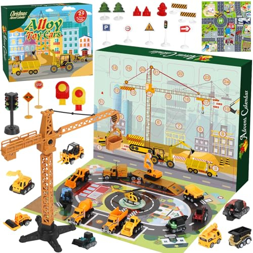VEEKAY 2025 Adventskalender Kinder,24 Tage Countdown-Kalender Auto Spielzeug Weihnachtskalender,mit 1 Verkehrsszenenkarte,Auto Oder Baufahrzeuge Geschenk,Weihnachten Geschenk für Mädchen Jungen