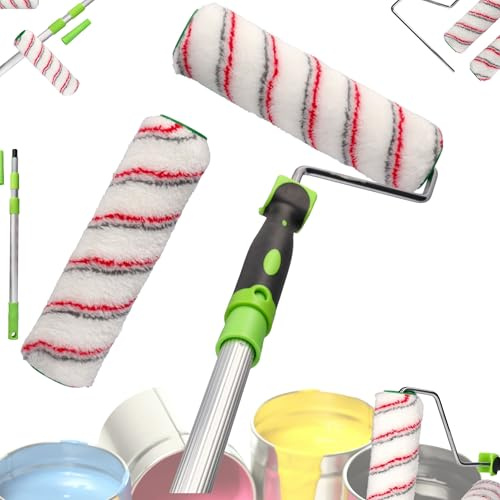 ToolSpace Malerset Farbroller Farbwalzen mit Teleskopstab 130cm Lackierrollen Set 2x 25cm aus Poliacryl und 1xGriff für Farbe Wände Decken Innenräume Renovierung Streichen Weißeln – Duocolor Pro