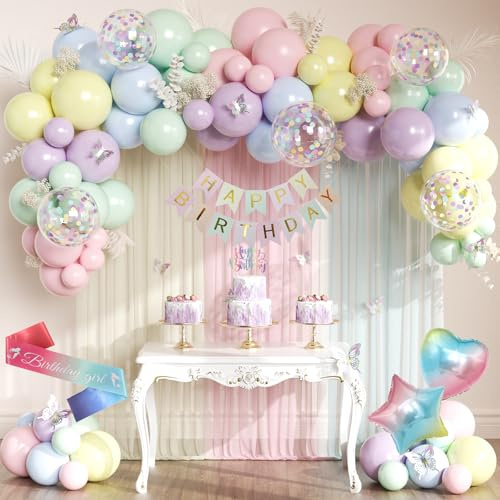Pastel Birthday Decorations, Pastel Party Decorations Set with Happy Birthday Banner, Macaron Rainbow Color Latex Confetti Balloons, Sash, Cake Topper for Party Supplies