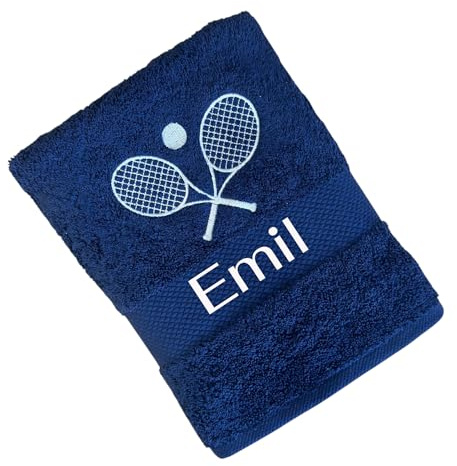 Arthi® Besticktes Handtuch mit Tennischläger & Deinem Wunschtext 100% Baumwolle 50x100cm / 100x150cm personalisierte Geschenkidee (Marineblau, 50x100)