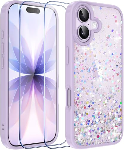 ivencase Clear Glitter Case Compatible with iPhone 17 Case with 2 Tempered Glass Screen Protector, Non-Yellowing Shockproof Anti-Scratch Slim Sparkly Bling Star Transparent Cover - Purple