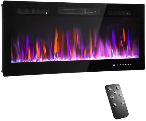 HOMCOM Elektrokamin mit Heizung Elektrischer Kamin 1800W extra-schlank | 12 farbigen 3D Flammeneffekten, 12 Kristallfarben, Fernbedienung, Wochen- und 24-Std.-Timer, Thermostat, Wandamin