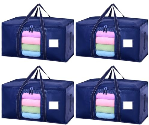 4 Pack 90L Moving Bags Clothes Storage Bags with View Window for Dorm, Blue | PP Woven, Waterproof, Zip Closure, Reinforced Handles, 150lb Load, Foldable for Moving, Dorm, Camping and Bedding Storage