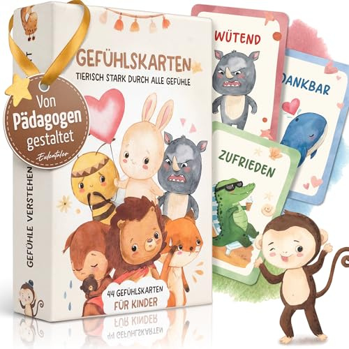 EULENTALER Gefühlskarten für Kinder mit Tieren I Von Pädagogen gestaltet | 44 Emotionskarten mit handgemalten Illustrationen, Erklärtexten und Gesprächsfragen für Familie, Kita und Grundschule
