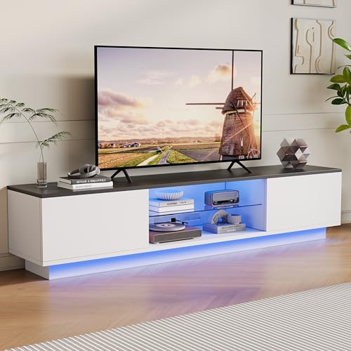 MASAJIA - Mobile Porta TV LED, Mobile Porta TV Stile Scandinavo con Spazio di Archiviazione, 2 Ante, Archiviazione Aperta, Tavolo per TV da Salotto, Armadio Basso in Legno e Vetro, Design Moderno