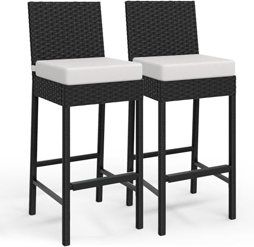 Garvee 2er-Set Barhocker Rattan Outdoor – Wetterfeste Barstühle mit Sitzkissen, Armlose Terrassenhocker für Balkon & Garten, in Barhöhe