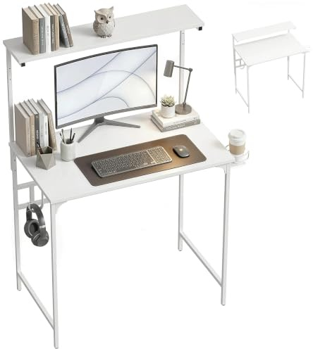 HOMCOM Computer Desk with Adjustable Tabletop Shelf, Cup Holder 80cm White | Home Office Study Table, Headphone Hook, Metal Frame, Space Saving Writing Desk