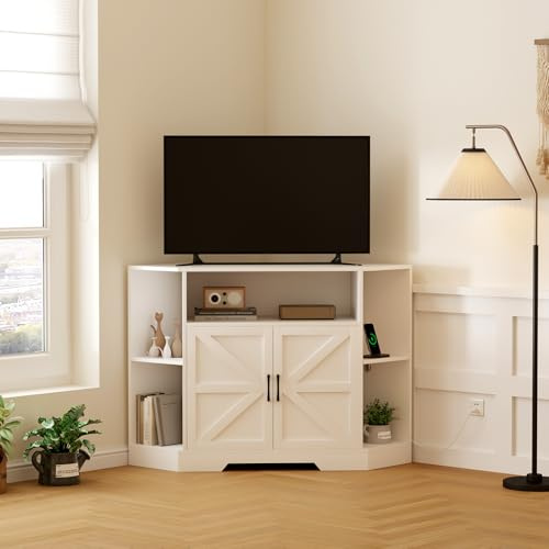 Crevyteg Modern Farmhouse Corner TV Stand for TVs up to 55 Inch, Corner TV Cabinet with Adjustable Shelves, Power Outlet, Barn Doors, Mid-Century Media Console Table for Living Room or Bedroom, White