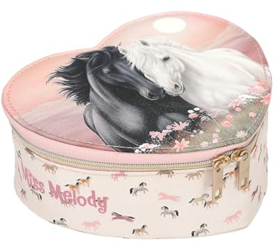 Depesche 13969 Miss Melody Blossom Pony - Mini Schmuckkästchen in Herzform, in Rosa, mit Pferde Motiv, Blumen und Pferde Muster, Schmuckbox mit Klappdeckel und Spiegel