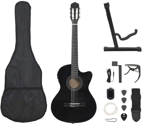 QUAHEAS Lot de 12 guitares western noires avec 6 cordes, égaliseur 4 bandes, sacoche de guitare, accordeur, capodastre, sangle de guitare, médiator, manivelle pour guitare acoustique, concert, cours