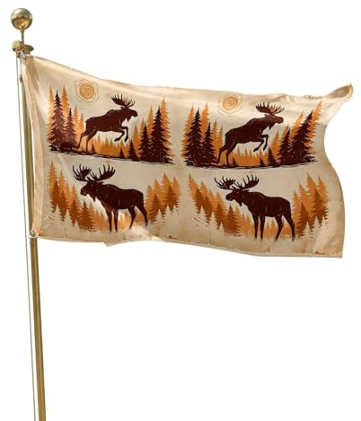 Fanartikel Fahne Springender Elch, Sonne, Tier, Kiefern, Braune, Rustikal | Bootsfahne Balkon 3x5 FT Wetterfest Flagge im Großformat WetterbestäNdige Flagge Großformat Familienfeiern Außenbereich
