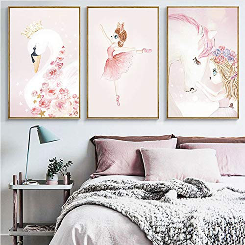 SpirWoRchlan 3er Set Kinderzimmer Poster Babyzimmer Ohne Bilderrahmen Mädchen Kinderposter Kunstdruck Babyzimmer Bilder Mädchen Deko Dekoration Kinderzimmer (Schwan, Karikatur Mädchen, Einhorn)