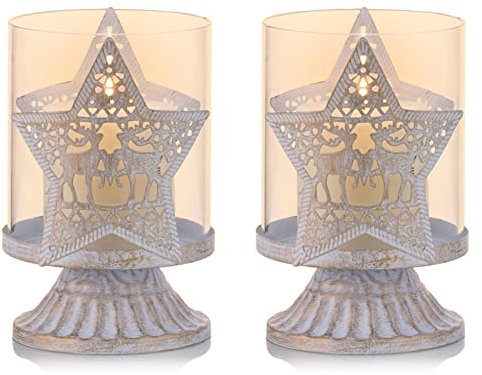 Sziqiqi Vintage Antique Metal Pillar Candle Holders Set of 2, Distressed Hurricane Candlestick Candle Holders Prefer Centerpieces for Christmas Table Mantle Fireplace Decoration, Star
